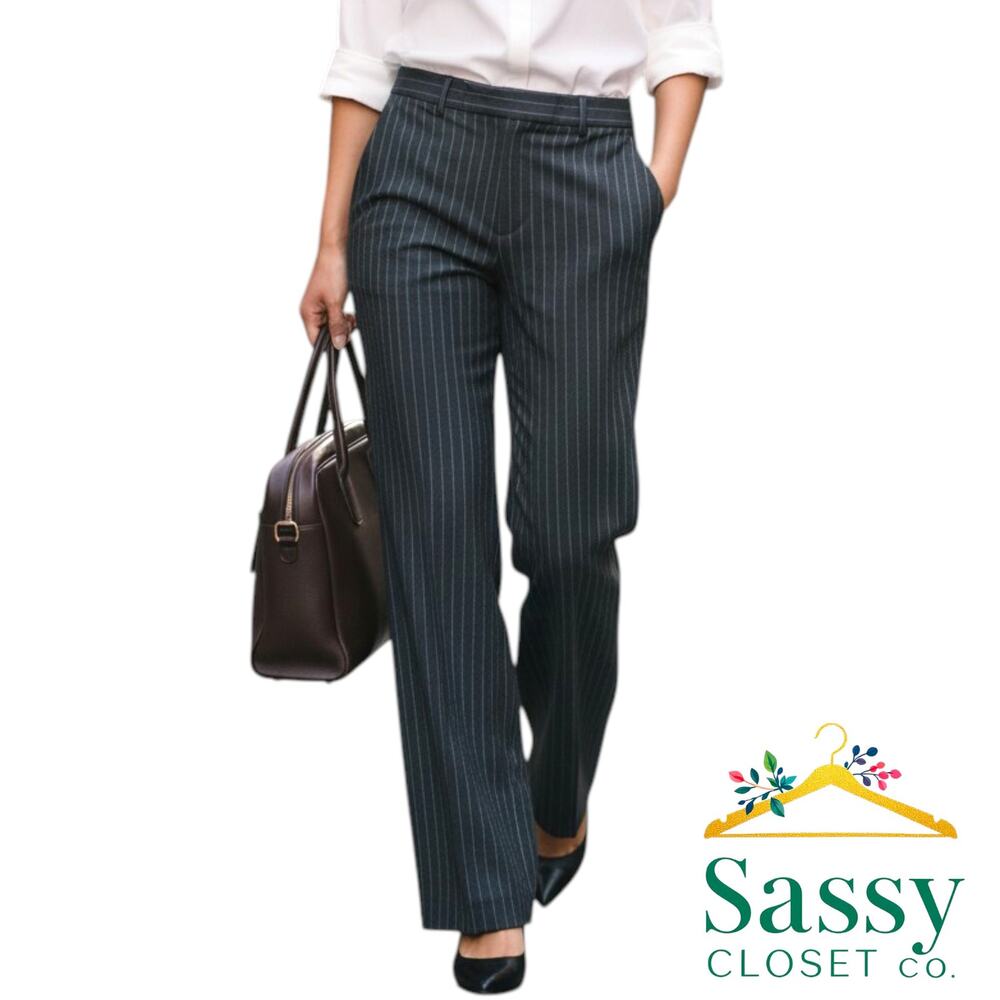 Lauren Ralph Lauren Andover Wide Leg Pants 14 Black Viscose Pinstripe Trousers